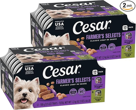 Cesar Classic Loaf in Sauce Adult Wet Dog Food, Grilled Chicken Flavor and Top Sirloin Flavor, 3.5 oz. Easy Peel Trays, Variety Pack (12 Count, Pack of 2)