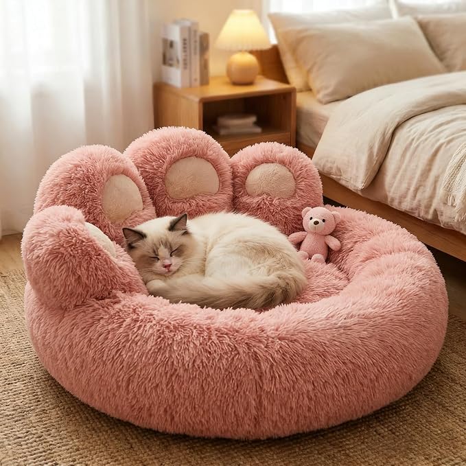 Cat Paw Shaped Cat Bed, Long Plush Calming Cat Bed for Indoor Cats, Washable Pet Bed with Anti-Slip Bottom, Soft Cozy Bed for Small Medium Large Cats & Dogs (Pink, X-Large)