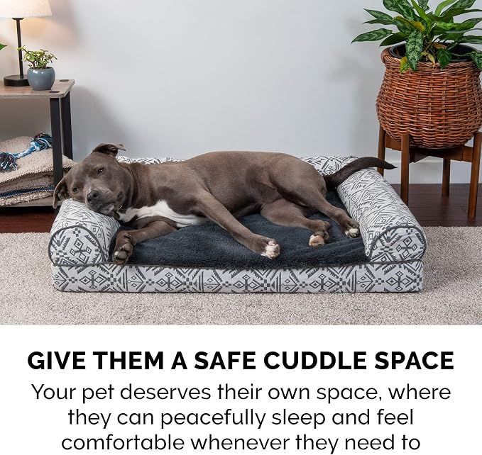 Furhaven Memory Foam Dog Bed for Medium/Small Dogs w/ Removable Bolsters & Washable Cover, For Dogs Up to 35 lbs - Plush & Southwest Kilim Woven Decor Sofa - Boulder Gray, Medium