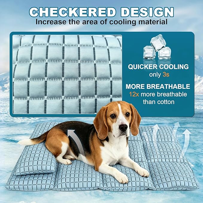 GOLOPET Extra Large Dog Cooling Mat with Pillow, 47x30in | Polymer Ice Silk Fabric,Upgrade The Heat Dissipation Structure,Soft PP Cotton Filling Material