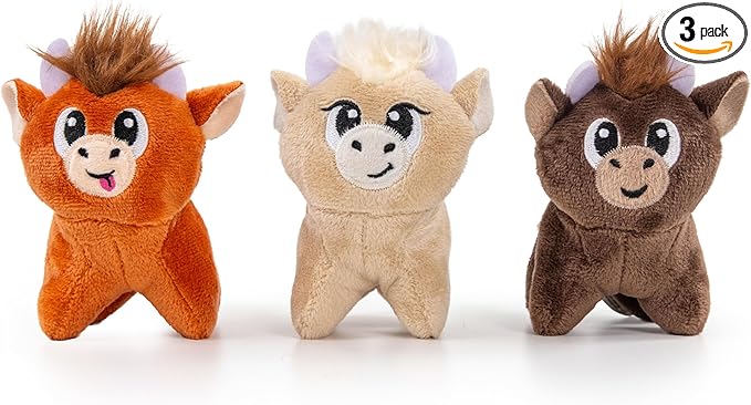 Outward Hound Squeakin’ Cows Dog Toy, Plush Highland Cow with Squeaker, Hide-A-Cow Replacement, Puppies & Small Dogs, 4.3”, 3-Pack