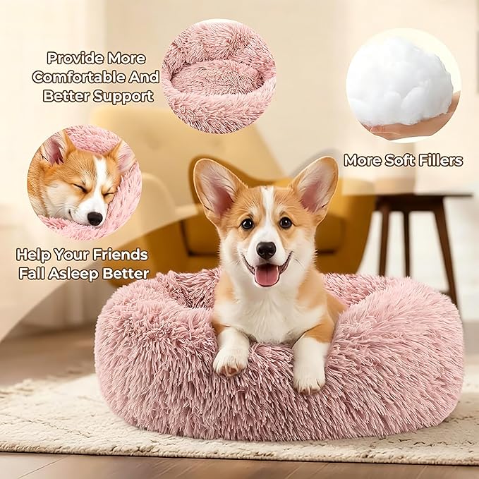 Calming Anti-Anxiety Donuts Dog And Cat Bed, Round Fluffy Soft Washable Small Medium Pet Bed For Puppy And Kitten, Cuddler Warming Comfortable Luxury Anti-Slip Waterproof Mute Base 24in Pink