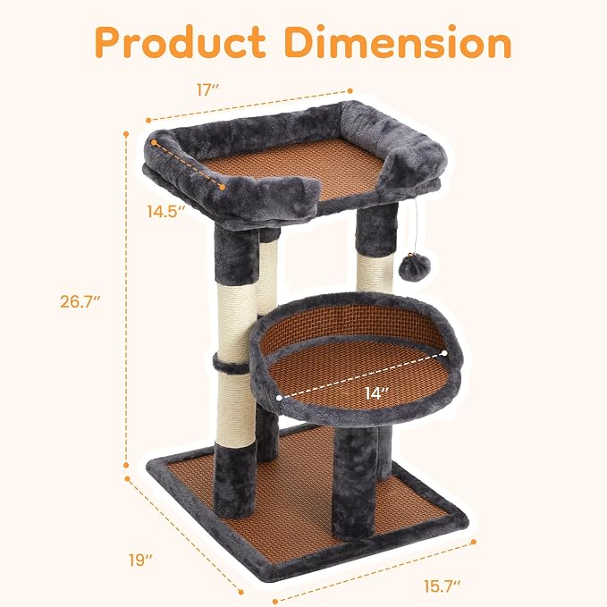 Multi-Level Cat Tower with Scratching Posts, Cat Tree with Double Cat Bed & Hanging Toys, Cute Climbing Tower with Sisal Scratcher for Kittens & Adult Cats, Grey