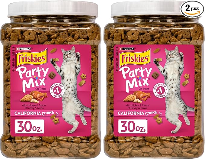 Friskies Purina Party Mix California Crunch with Chicken and Flavors of Turkey and Bacon Cat Treats - 30 oz Canister (Pack of 2)