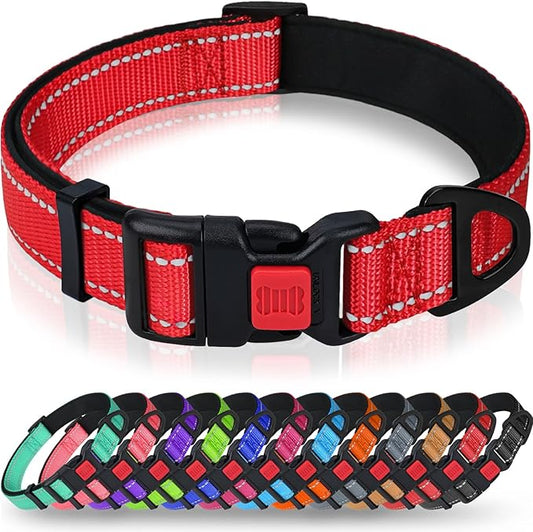 Taglory Reflective Dog Collar for Large Dogs, Soft Neoprene Padded with Escape-Proof Locking Buckle, Upgraded Zinc Alloy Ring, Adjustable for Pitbull Labrador Retriever, Red,L