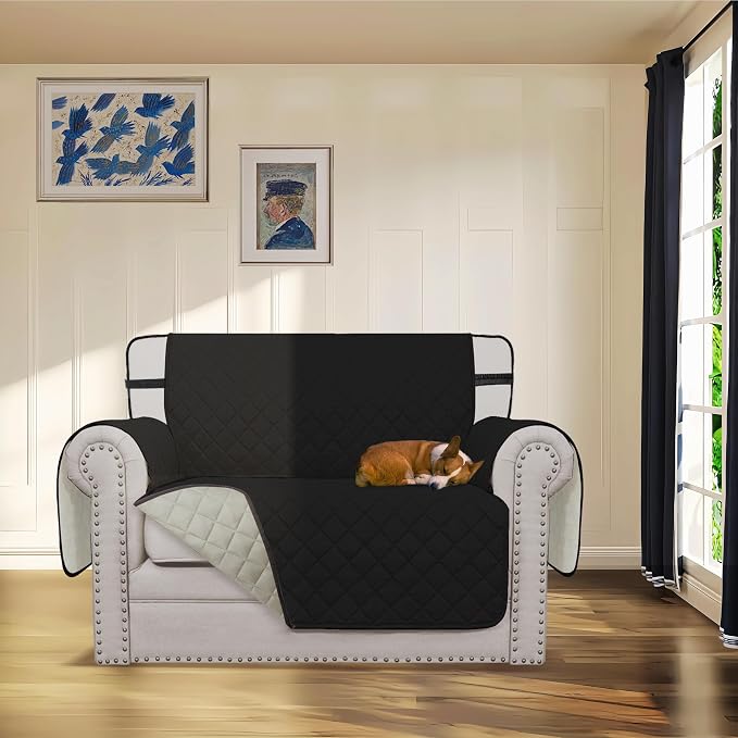 Easy-Going Reversible Chair Cover Washable Sofa Cover for Dogs Water Resistant Couch Slipcover Furniture Protector Cover with Adjustable Straps for Pets (Chair 30 in, Black/Beige)