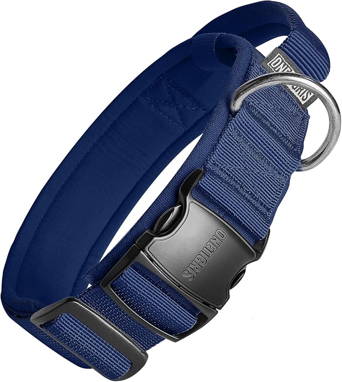 OneTigris Tough Dog Collars, Tactical Dog Collar with Handle, Milltary Adjustable Dog Collar with Heavy Duty Metal Buckle for Training (Medium,Blue)