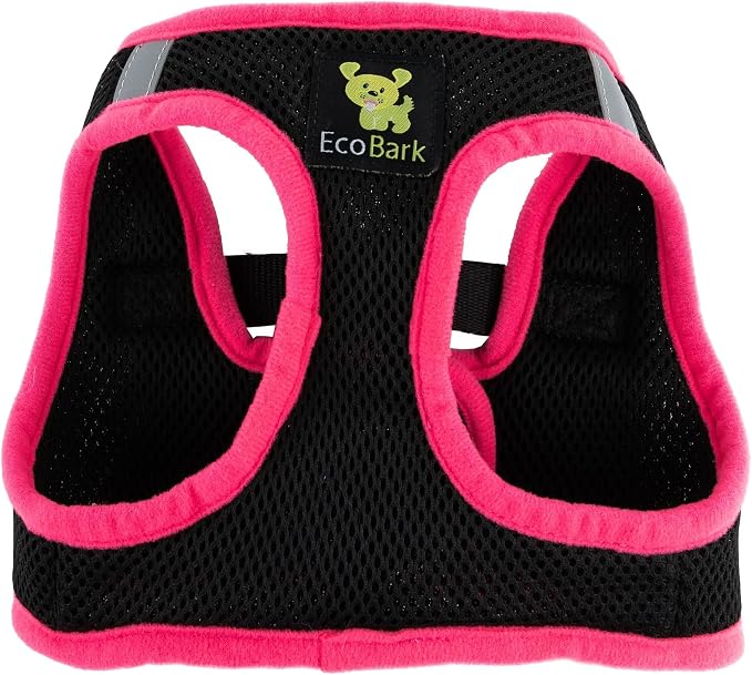 EcoBark Step in Dog Harness - Eco-Friendly Dog Harnesses for Small and Medium Breed Dogs - Reflective and Adjustable Body Halter Vest - Soft Mesh Toy Breed Harness (Black and Pink, Large)