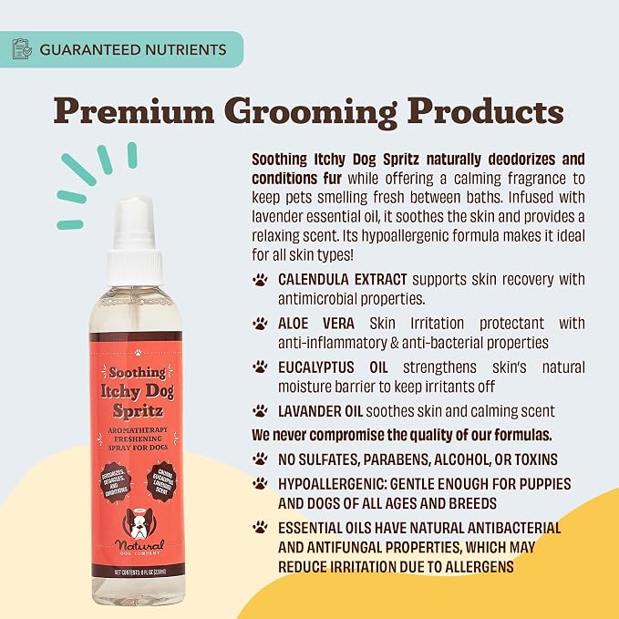 Natural Dog Company Itchy Dog Spritz 8 oz – Hypoallergenic Deodorizing Spray with Aloe, Lavender & Calendula – Soothes Itchy Skin, Refreshes Coat Between Baths – Free from Parabens, Sulfate & Alcohol