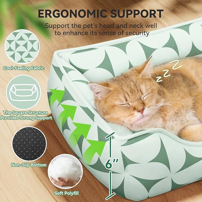 Zerbuger Rectangle Cat Dog Bed for Large Medium Small Pets Indoor Outdoor Machine Washable Sleeping Sofa Non-Slip Bottom Soft Puppy Bed Durable Orthopedic Calming Pet Cuddler (Small, Green Pattern)