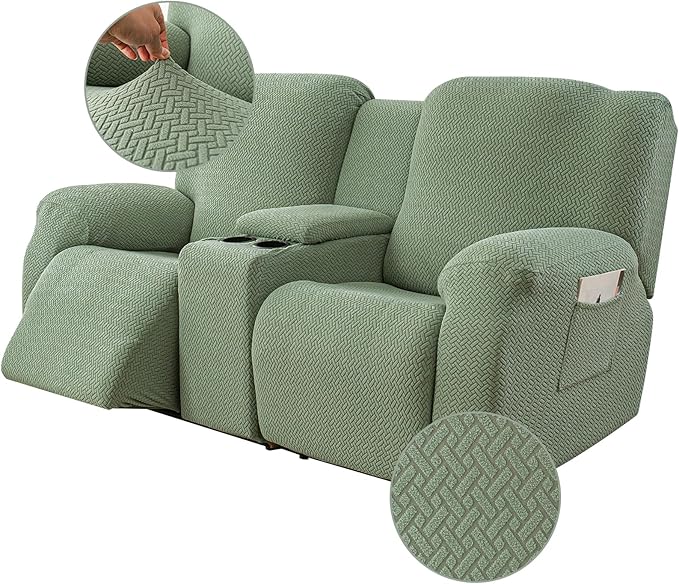 Genina Recliner Loveseat Covers with Console, Stretch Reclining Sofa Covers, 2 Seater Couch Cushion Stripe Jacquard Recliner Slipcovers - Furniture Protector Covers for Pet(Matcha Green)