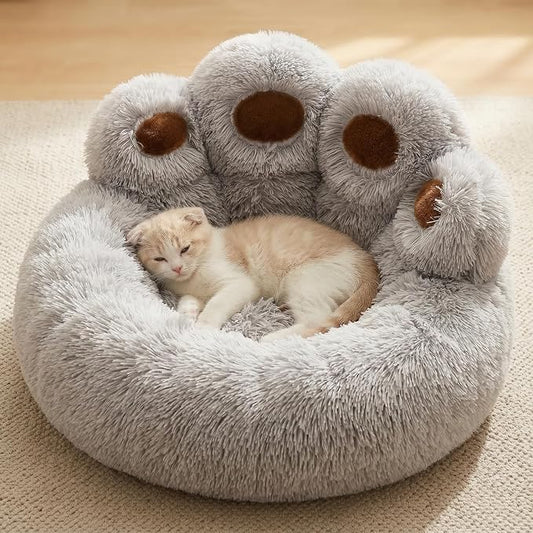 Cat Paw Shaped Cat Bed, Long Plush Calming Cat Bed for Indoor Cats, Washable Pet Bed with Anti-Slip Bottom, Soft Cozy Bed for Small Medium Large Cats & Dogs (Grey, X-Large)