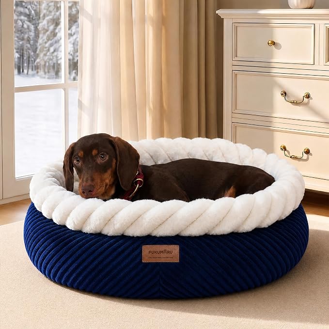 FUKUMARU Cat Bed, Calming Donut Dog Beds, Plush Faux Fur&Corduroy Kitten Beds, Cute Round Washable Pet Bed for Large Cats and Puppy, Cat Cave with Anti-Slip Bottom, 21inch, Blue