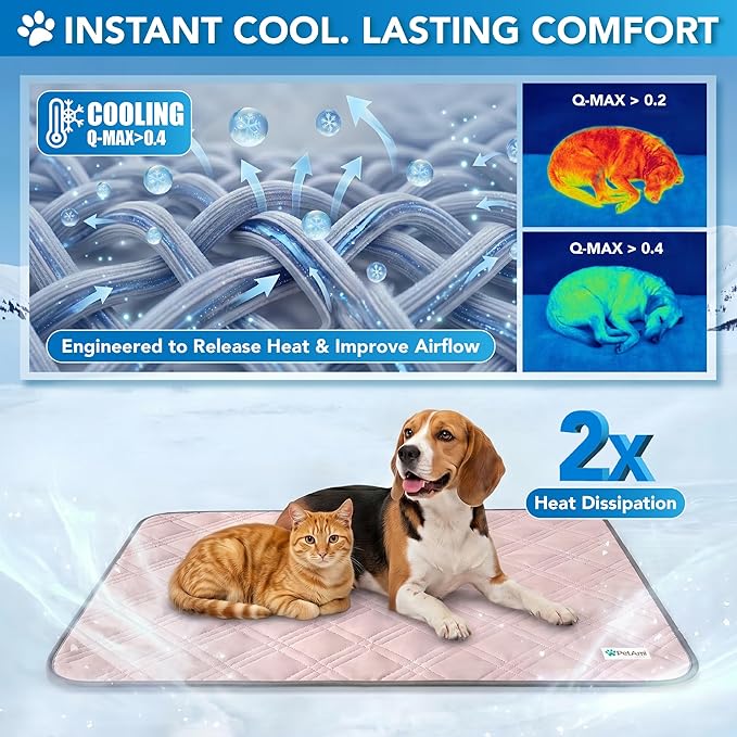 PetAmi Dog Cooling Mat, Waterproof Self Cooling Dog Pad with Non-Slip Backing, Q-Max >4.0 Pet Cooling Mat for Crate, Couch, Kennel & Car, Indoor Outdoor Summer Use, Pink, 40x60
