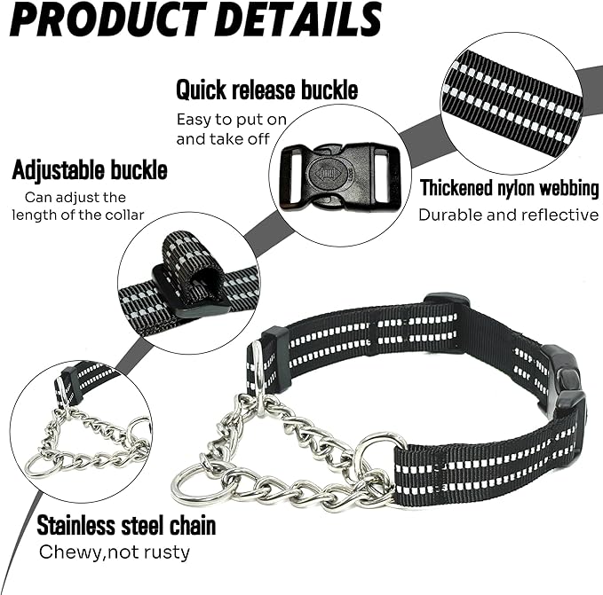Martingale Dog Collars, Reflective Nylon Collar with Stainless Steel Chain, Adjustable Walking Training Dog Collars with Quick Release Buckle, Suitable for Small Medium Large Dogs(Black,S)