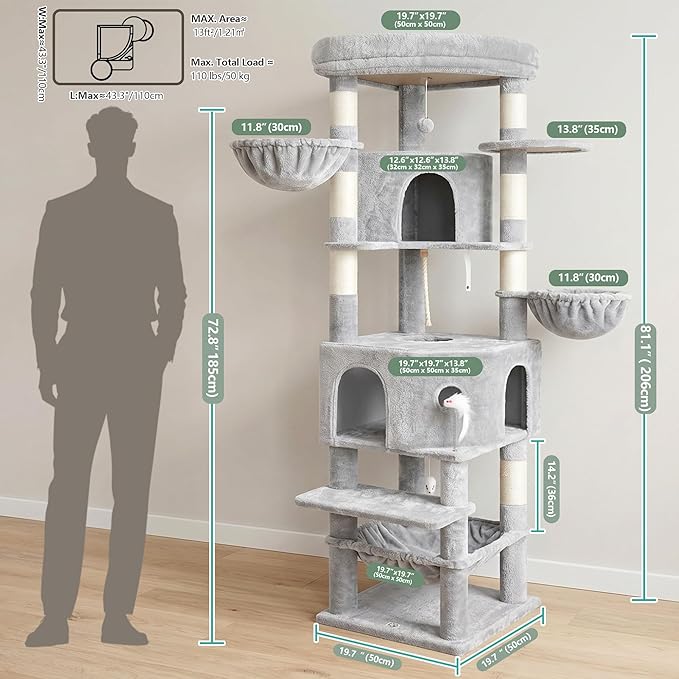 Cat Tree, 81.1" Skyward Corner Cat Tower for Large Cats with Diamond Hideout, Space-Smart Cat Furniture with Grand Platform, Firm Base, 3 Soft Hammock & Pet Relax Station, Light Gray VCT031W