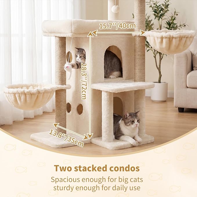 Heybly Cat Tree with Reinforced Big Base, 41.3-Inch Sturdy Cat Tower for Indoor Cats Featuring 2 Roomy Platforms, Double Cat Condo, 2 Cozy Baskets, Full Sisal Scratching Posts, Beige HCT075MJ