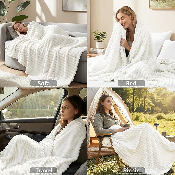 HIMEET Fleece Off White Throw XL Blanket for Couch - 300GSM Ribbed Soft Cozy Nap Blankets for Travel, New Home Birthday Gifts for Women Men Her, Boho Long Sofa Room Decor Office Throws, 50x70 Inches