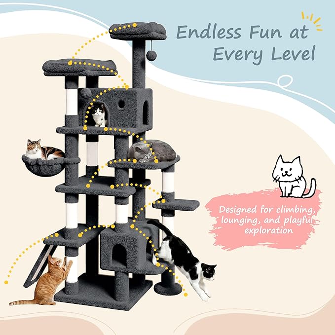 SHA CERLIN 82 inch, Multi-Level Cat Tree Tower for Indoor Cats, Cat Condo with Sisal Scratching Posts, Plush Perches, Hammocks, Toy Balls, Dark Grey