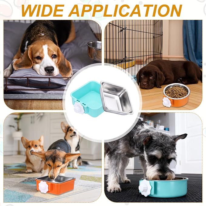 Crate Dog Bowl, Removable Stainless Steel Pet Cage Hanging Anti-Overturn Food Water Feeder Cage Cup (Square, Light Blue, 17.7oz), Intended for Puppies/Cat/Rabbit/Bird