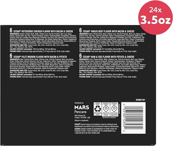 Cesar Loaf in Sauce Wet Dog Food Rotisserie Chicken, Filet Mignon, Angus Beef, and Ham & Egg Flavors Variety Pack, 3.5 oz. Easy Peel Trays (24 Count, Pack of 1)