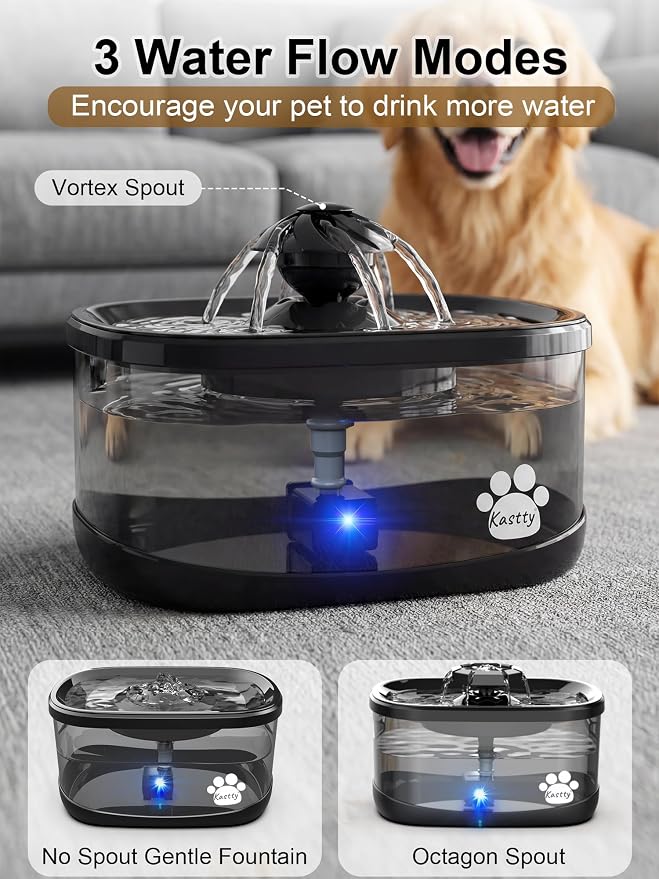 Kastty 9.5L/2.5Gal Dog Water Fountain,Large Pet Water Fountain for Dogs Inside,Quite Dog Water Bowl Dispenser with Water Window & LED,Dog Fountain Water Bowl with Multi-Filtration for Pets(FS82,Black)