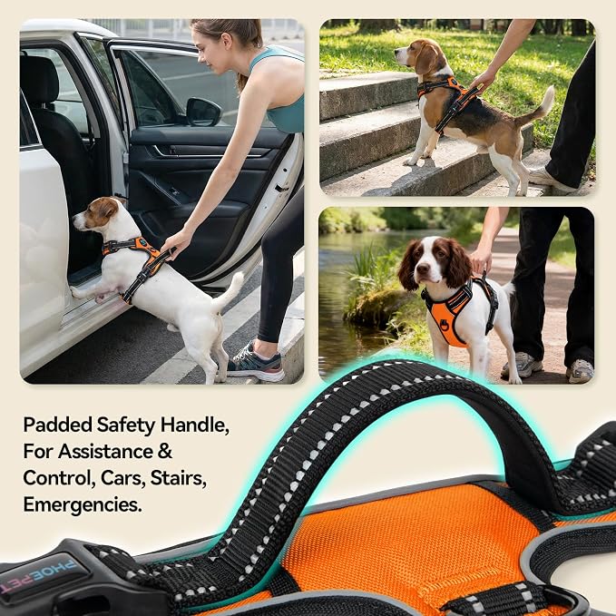 PHOEPET Reflective Dog Harness No Pull Large Breed Vest with 2 Metal Leash Attachment Hooks(XL, Orange)