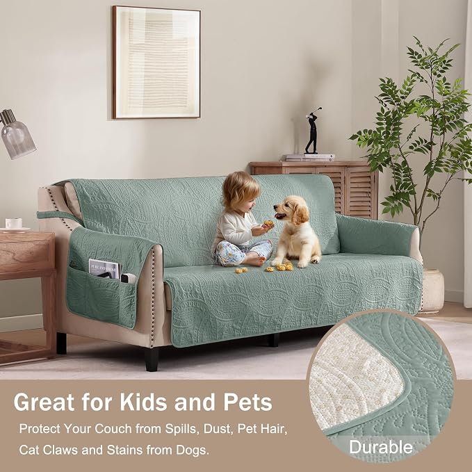 Sage Blue Quilted Sofa Cover, Anti-Slip Medallion Designed Couch Covers for 3 Cushion Couch, Sofa Slipcovers for Dogs Cats Water-Repellent, Machine Washable (Large Sofa 68", Sage Blue)