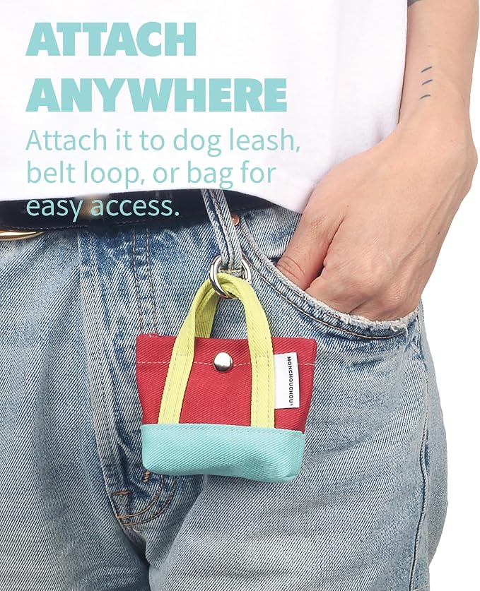 Dog Poop Bag Holder for Leash with 1 Waste Bag Roll, Canvas | Yellow Handle, Round Clip, Cotton Pouch, Small Accessory Keychain Bag, Handmade in Korea