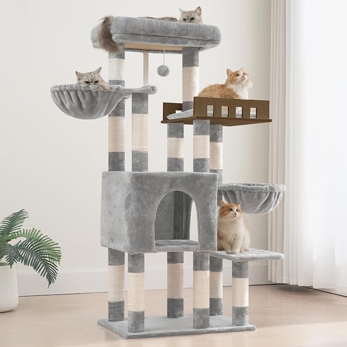 Gitelsnour Cat Tree for Indoor Cats Large Adult, Heavy Duty Cat Tree for Large Cats 20 lbs+, Cat Condo with Big Wooden Perch, Cat Tower with 14 Scratching Posts, Hammock, Light Gray GCT023W