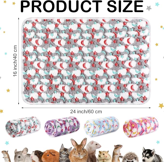Reginary 4 Pcs Waterproof Guinea Pig Blankets Washable Small Animal Fleece Bedding Absorbent Guinea Pig Cage Liners Reusable Training Pee Pad Pet Sleep Mat for Hamster(Moon Star Pattern,24 x 16 Inch)