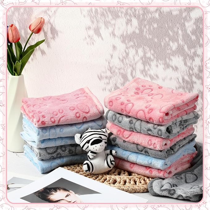 Tegeme 12 Pcs Pet Blankets 30 x 20 Inch Soft Fluffy Fleece Dog Cat Warm Paw Print Pattern Blankets Flannel Throw for Pets Dog Puppy Cat(Pink,Gray,Blue)