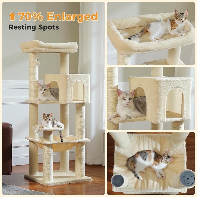 MUTTROS Large Cat Tree with Reinforced Scratching Posts (φ3.7in) for Big Adult Cats 30 lbs, 57.8" Heavy Duty Cat Tower with Larger Hammock and Condo, Cat Furniture for Maine Coon, Plush,Beige