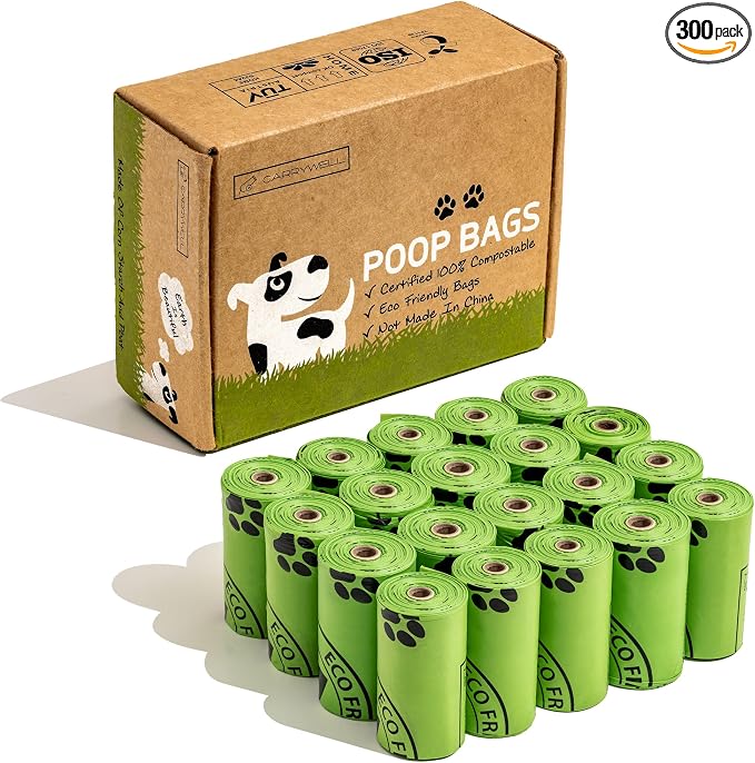 (Not Made In China) 100% Certified Home Compostable Dog Poop Bags,300 Count, Plant Based Refill Rolls, Leakproof Doggie Waste Bag, Unscented, Corn Starch and PBAT, EN 13432 Compliant and TUV Certified