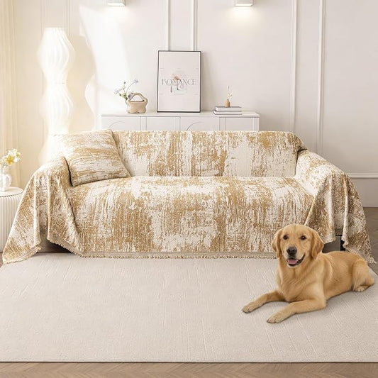 hyha Couch Cover for Dogs, Boho Sofa Covers for 3 Cushion Couch Washable, Chenille Sofa Slipcover for Pets, Soft Loveseat Sectional Couch Throw Blankets with Tassels (Khaki/White, 88.5x118 Inch)