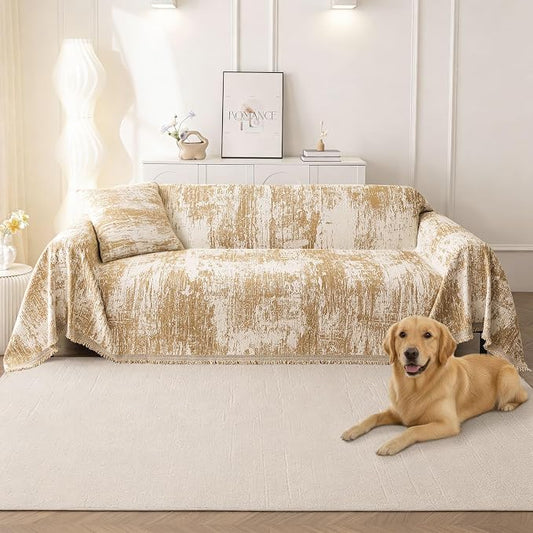 hyha Couch Cover for Dogs, Boho Sofa Covers for 3 Cushion Couch Washable, Chenille Sofa Slipcover for Pets, Soft Loveseat Sectional Couch Throw Blankets with Tassels (Khaki/White, 88.5x150 Inch)