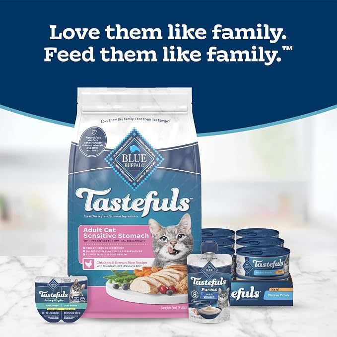 Blue Buffalo Tastefuls Chicken & Brown Rice Recipe Sensitive Stomach Adult Dry Cat Food, Real Chicken First, Deliciously Healthy Natural Cat Food, Natural Ingredients, Supports Digestion, 3-lb Bag