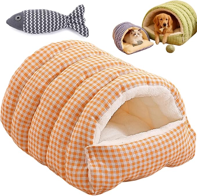 Pet Winter Cave, Warmth Cozy Comfort Plush Pet Cave, 360° Nesting Design, Snuggle Season Just Got Fluffier, Calming Plush Anti-Anxiety Cuddler Beds with Removable Cushioned (Orange,M)