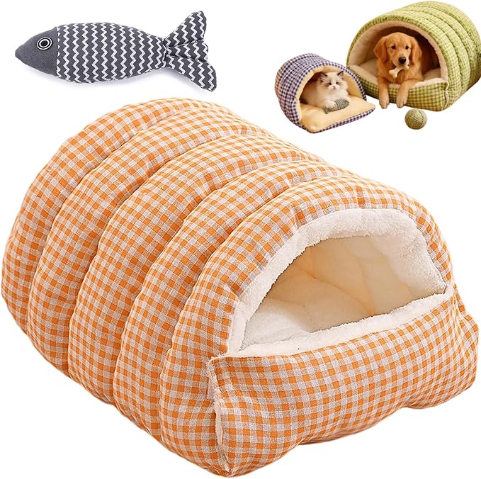Pet Winter Cave, Warmth Cozy Comfort Plush Pet Cave, 360° Nesting Design, Snuggle Season Just Got Fluffier, Calming Plush Anti-Anxiety Cuddler Beds with Removable Cushioned (Orange,L)