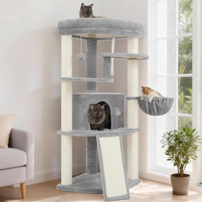 Gitelsnour Corner Cat Tree for Indoor Cats, Cat Tower with All Sisal Scratching Posts, Multi-Level Cat Condo wth Cat Cave, Large Top Perch, Hanging Basket, Sisal Ramp, Light Gray GCT025W