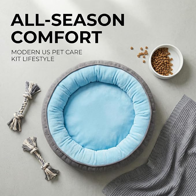 Calming Dog Bed for Small Dogs 18"x20" - Washable Donut Pet Bed with Anti-Slip Bottom, Soft Puppy Bed for Indoor Kittens and Cats with Removable Cover (Sky Blue)