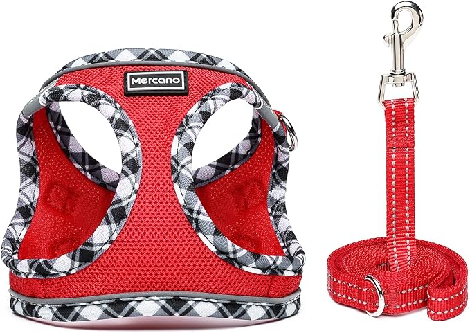 Mercano Soft Mesh Dog Harness and Leash Set, Step-in Reflective Breathable Lightweight Vest Harnesses with Safety Buckle for Small Dogs, Cats (Red, L)
