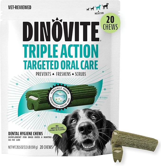 Dinovite Dental Chews for Dogs, Triple Action Dental Dog Treats for Medium Breeds, Clinically Proven to Prevent Plaque & Tartar While Freshening Breath, Fresh Mint Flavor, Made in USA, 20 Count