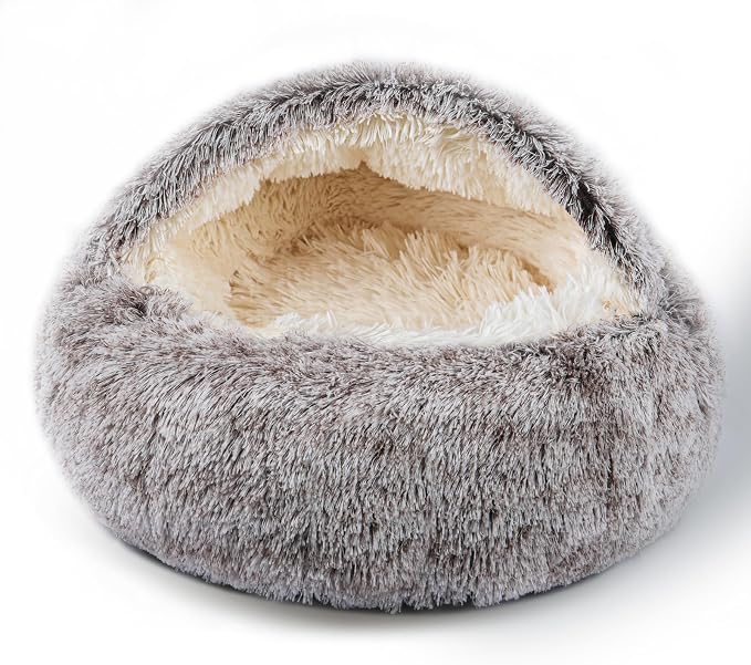 Cat Bed for Indoor Cats, Calming Cozy Cave with Self-Warming Plush, Entire Bed Machine Washable & Anti-Slip Base, Breathable Pet Bed for Small Cats&Dogs All Seasons (Khaki, 22 * 22inch)