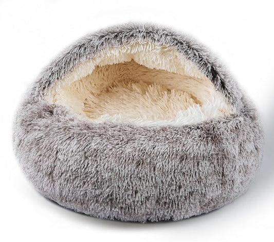 Cat Bed for Indoor Cats, Calming Cozy Cave with Self-Warming Plush, Entire Bed Machine Washable & Anti-Slip Base, Breathable Pet Bed for Small Cats&Dogs All Seasons (Khaki, 22 * 22inch)