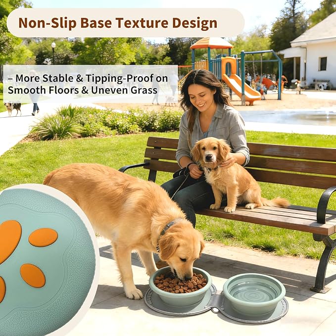 Collapsible Dog Bowls, 2-in-1 Silicone Pet Food and Water Bowl with Carabiner, Portable Double Compartment Dish for Travel, Camping, Hiking Puppy Essentials (A- Green)