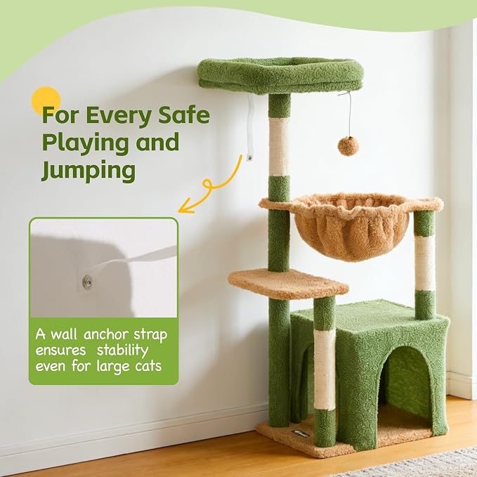 Cat Tree for Indoor Cats, 39.8-inch Cat Tower with 2 Plush Perches for Play & Rest, 1 Cozy Hideaway, Dangling Toy & Full Sisal Scratching Posts for Small Cats, Green