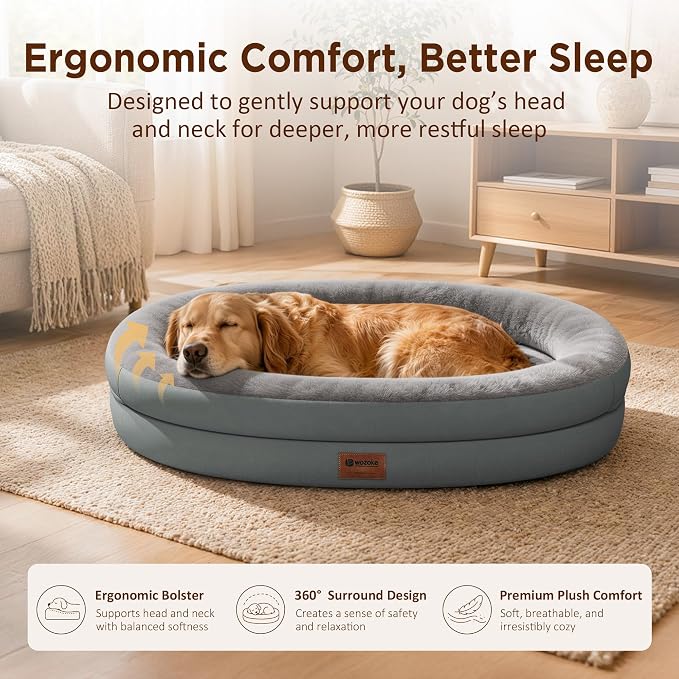 Orthopedic Dog Bed for Large Dogs, Waterproof Dog Bed for Large Size Dogs with Bolsters, Egg Crate Foam Sofa Bed with Washable Removable Cover & Non-Slip Bottom, Grey
