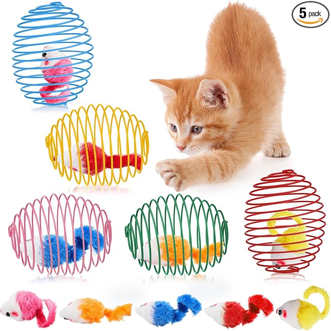 Jecery 5 Pcs Cat Spring Balls Toys Stretchable Rolling Balls Colorful Playful Coils Interactive Action Toy Caged Rats for Kitten Pet Supplies (Mouse,Bright Color)