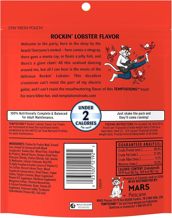 Temptations Classic Cat Treats, Rockin' Lobster Flavor, Crunchy and Soft Cat Treats 6.3 oz. Pouch (Pack of 10)